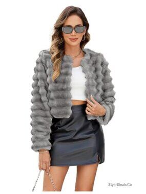 Womens Faux Fur Cropped Coat Fuzzy Long Sleeve Open Front Winter Jacket